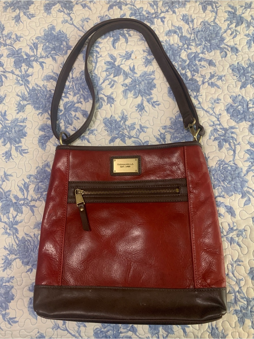 Tignanello Red and Brown Leather Crossbody Shoulder Bag